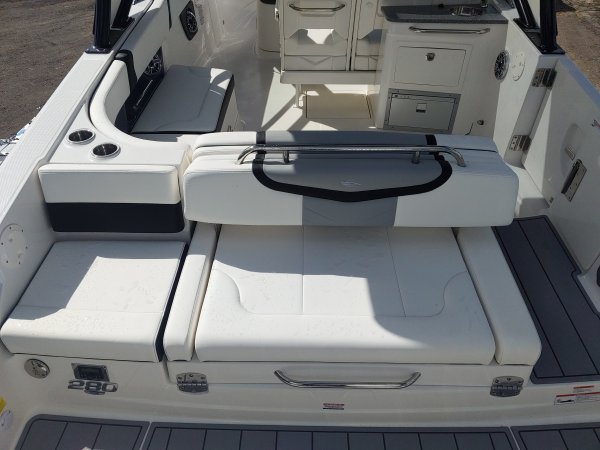 A bow rider is a boat with an open bow area where there are extra seats in front of the windshield.  Bow riders are typically between 17' and 30'long. They are well suited for many recreational water sports such as tubing, water skiing, and swimming.