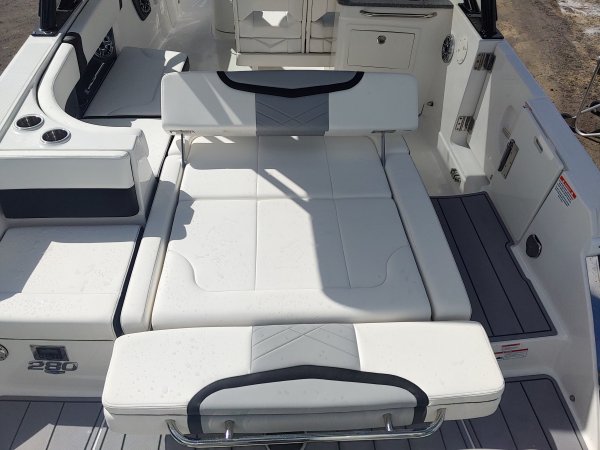 A bow rider is a boat with an open bow area where there are extra seats in front of the windshield.  Bow riders are typically between 17' and 30'long. They are well suited for many recreational water sports such as tubing, water skiing, and swimming.